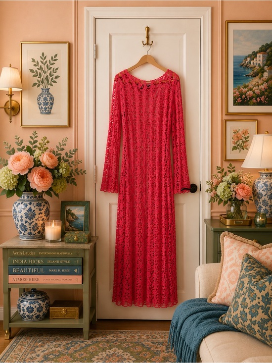 Beach Riot Other - Beach Riot pink red Crochet Long-Sleeve Maxi Coverup
